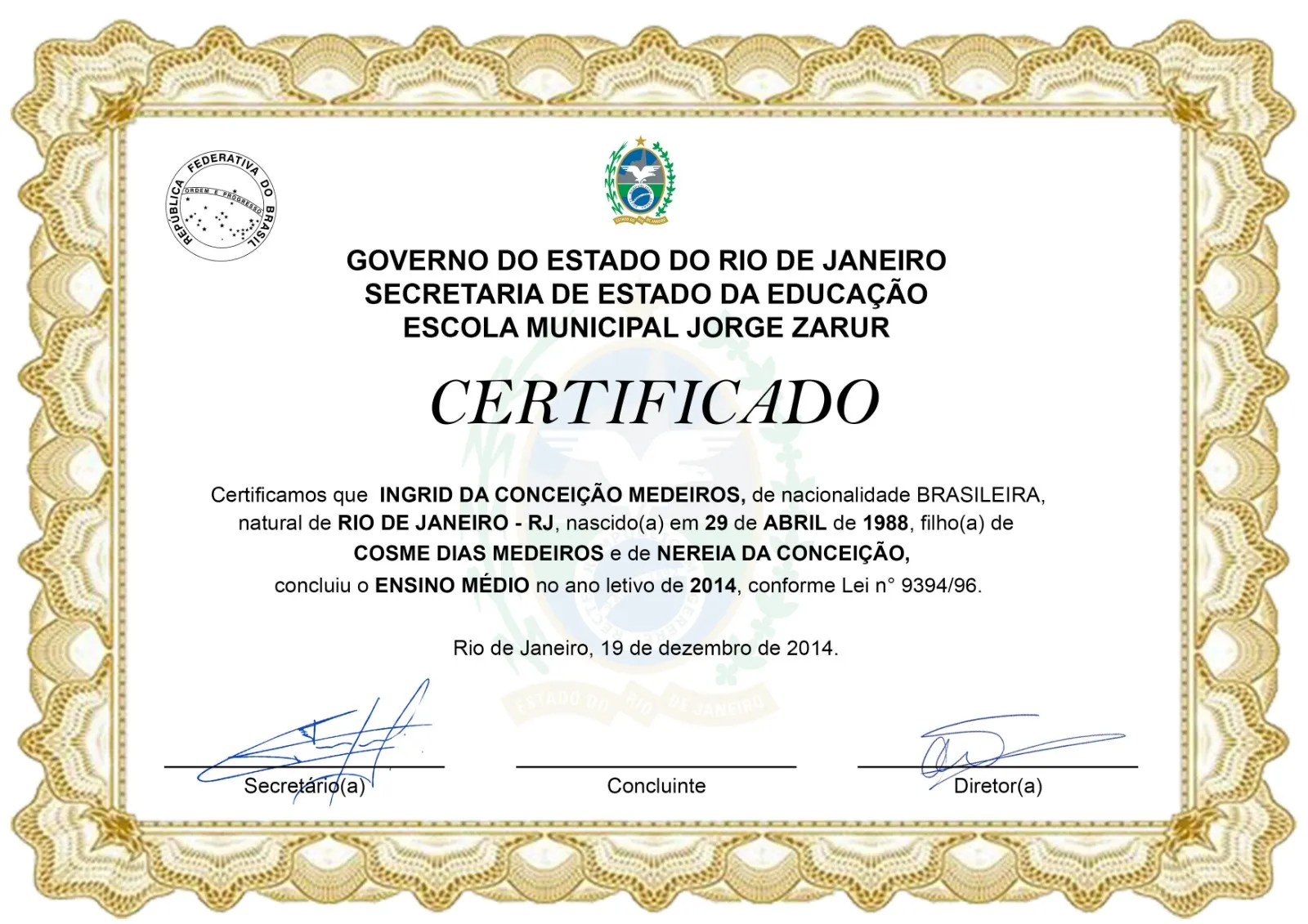 Exemplo de certificado de conclusão do Ensino Médio